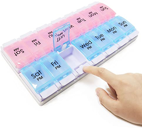 MOLN HYMY Medikamentenbox 7 Tage 2 Fächer, Pillendose Morgens Abends, Große Kapazität, BPA-frei, 14 Fächer, Druckknopf (Pink Blau)