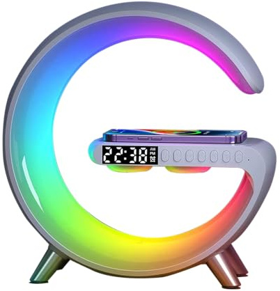 BKDRL Lampada altoparlante Bluetooth con caricatore wireless, luce notturna RGB, sveglia, controllo app - bianco