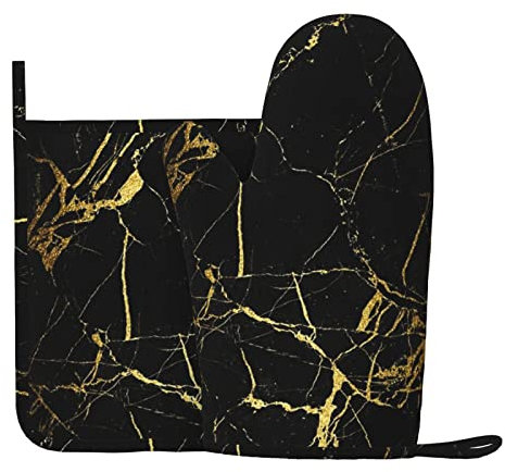 Set di guanti da forno e presine in marmo nero oro, guanti da forno in silicone resistenti al calore, guanti da cucina carini e cuscinetti caldi (mano destra)