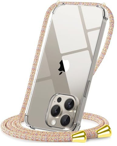 CAROKI Crossbody Case for iPhone 15 Pro Max,Necklace Mobile Phone Cover with Cord Strap Clear Transparent TPU Soft Cover Holder with Neck Cord Lanyard Strap-Rainbow
