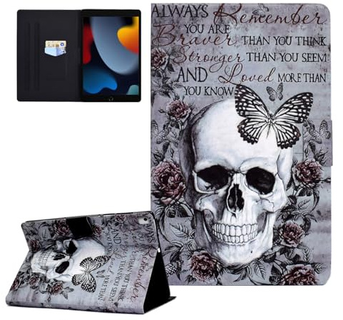 CASAFUNY Hülle für iPad 10,2 Zoll 2021/2020/2019, ipad hülle 9.Gen/8.Gen/7.Gen, PU Leder Tablette Schützhülle Multi-Winkel Ständer Cover Case Auto Schlaf/Wach für iPad 10,2 Zoll, Schädel