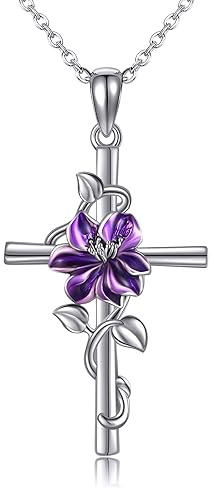 JERWLI Collier en forme de croix en argent sterling 925 - Oeillet / rose / lys / marguerite - Collier de naissance - Bijoux pour femmes et filles, Argent sterling