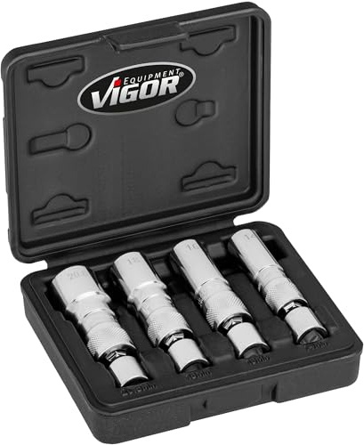 VIGOR Zündkerzen Steckschlüssel-Satz, V7002/4, 3/8″, Magnetisch, Magnetisch | 3/8 Zoll (10 mm) Vierkant hohl, Antrieb 3/8 Zoll (10 mm) Vierkant hohl, Abtrieb Außenprofil Doppelsechskant, 690 g