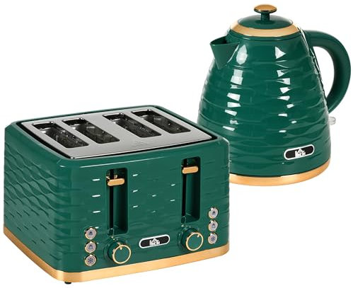 HOMCOM Kettle and Toaster Sets, 3000W 1.7L Rapid Boil Kettle & 4 Slice Toaster with 7 Browning Controls, Defrost, Reheat and Crumb Tray, Otter Thermostat, Green