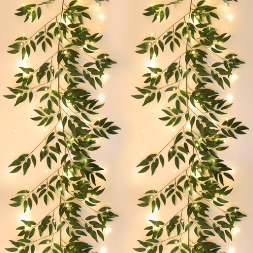 RECUTMS 2Pcs Artificial Silk Willow Leaves Vine with Light 5.9Ft