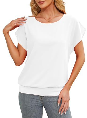 Anelune Damen Tops Sommer Locker Kurzarm Bluse Chiffon Elegante Leichte T-Shirts für Frauen Lässige Flowy Oberteile weiß L