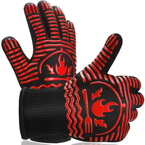 Grillhandschuhe, 800.0 °C Extrem Hitzebeständige Grillhandschuhe, rutschfeste Lebensmittelqualität Silikon Ofenhandschuhe Handschuhe für Küche, Kochen, Grillen, Backen, Smoker Rot (27,9 cm)