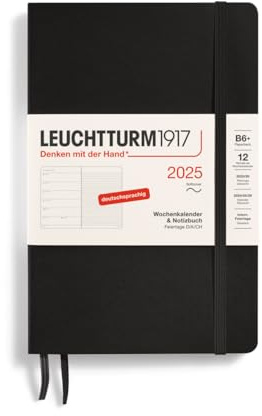 LEUCHTTURM1917 370519 veckokalender och anteckningsbok 2025, paperback B6+ mjukt fodral – 12-månaders planerare, 80 g, linjerad – svart