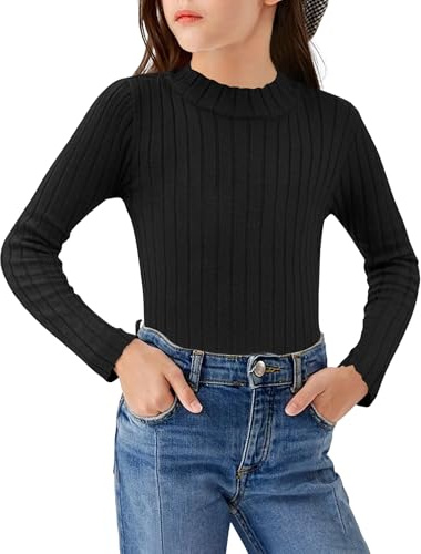 Arshiner Niñas Camiseta de Manga Larga Térmica Niño Medio Cuello Alto Camiseta Elegante Suéter Cuello Redondo Casual Otoño Invierno Manga Larga para Niñas 9-10 años Negro