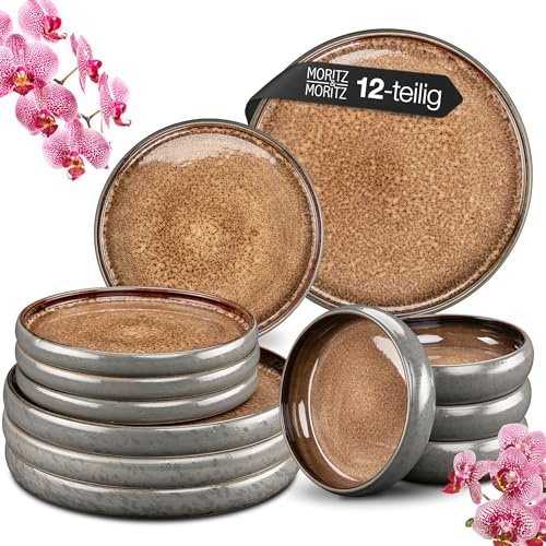 Moritz & Moritz Steingut Geschirrset 4 Personen, 12-tlg. - Beige, Schüssel- und Teller Set aus robustem Steingut, Kombiservice Tafelservice 4 Personen - Serie Solid