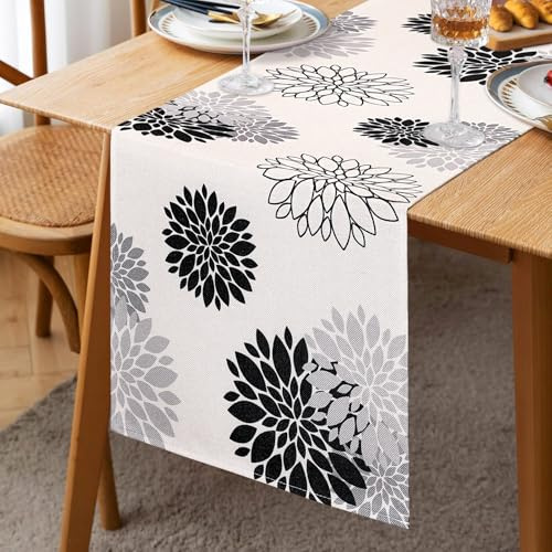 Inhobbok Tischläufer Schwarz Grau Leinen Dahlie Blume Modern Attraktiv Bauernhaus Blumentisch Mitte Dekor Frühling Sommer Tischläufer für Wohnzimmer Home Essparty Eingang Terrasse 33x183cm