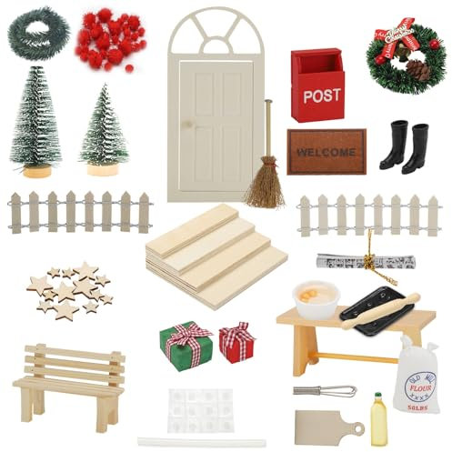 Wichteltür Set, 69Pcs Wichtel Zubehör, Wichtel Set Weihnachten Komplett, Miniatur Wichtel Tür Set Weihnachtswichtel Zubehör Für Kinder Und Starterset, Mit Briefkasten, Zäun, Kranz, Weihnachtsbaum