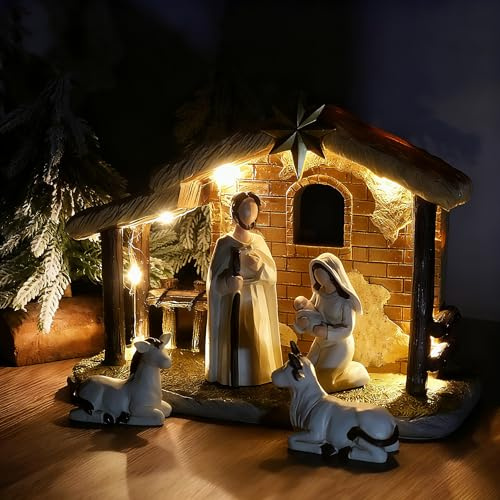 Topsky Handmade Christmas Nativity Scene Decoration - Resin Christmas Nativity Set with Light - Nativity Xmas Tabletop Scenes & Birth of Jesus Decor for Family Friends and Christians