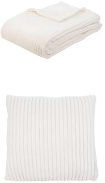 Gözze Cord Optik Wohndecke und 2er Set Cord-Kissen, 150x200 cm + 50x50 cm, Farbe: weiß