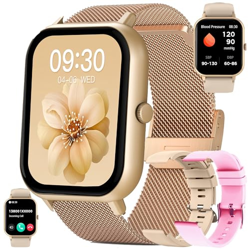 Smartwatch Donna Chiamata Bluetooth e Risposta Vivavoce, 1,83 AMOLED Smart Watch Uomo Orologio Fitness Intelligente con Cardiofrequenzimetro,Pressione Sanguigna, Smartwatch per Android iOS (Oro)