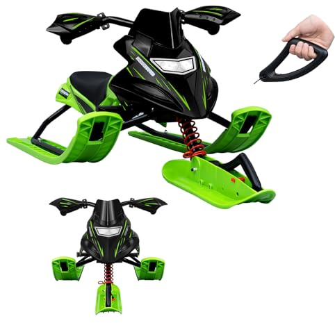 Laneetal Neve Slittino con Impugnature di Sterzo, Slitta da Neve per Bambini con Freno e Ammortizzatore, Sedile in PU e Telaio in Metallo, Fune da Traino Retrattile, Nero+Verde