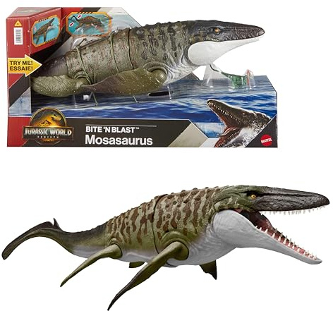​Mattel Jurassic World La Rinascita Mosasauro Morso Letale, action figure e mini dilofosauro, dinosauro con enormi fauci, snodato e fedele al film, gioco digitale, JJP80