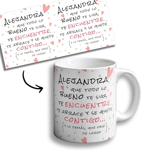 OOPS Taza Que Todo lo Bueno te siga te encuentre y te abrace - PERSONALIZADA CON NOMBRE - Tazas originales - 350 ml - Tazas con Frases motivacionales (TAZA CON NOMBRE)