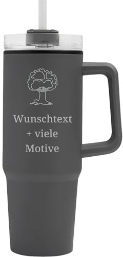 Großer Party Trinkbecher mit Gravur, Name, Spruch, Motiv - Farbe Grau, 900 ml - Henkelbecher aus Edelstahl + Kunststoff inklusive Deckel, Strohhalm, empfohlen für Kaltgetränke