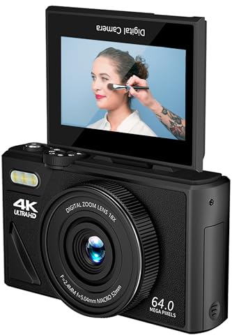 Beginner Vlogging Camera 4K, 64MP Compact Digital Camera with Flip Screen, 18X Zoom, Easy-to-Use Camera for YouTube, TikTok, Travel & Everyday Use, 2 * Batteries - WiFi