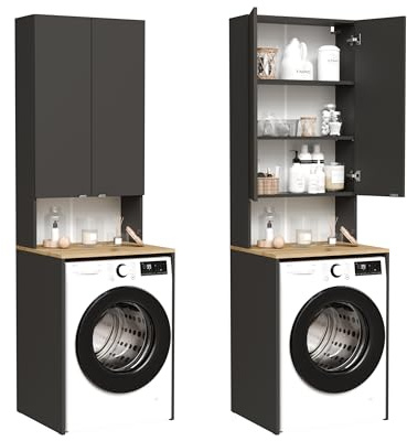 PLATAN ROOM Armoire haute pour machine à laver et sèche-linge - Meuble de salle de bain - Étagère surélevée pour machine à laver et sèche-linge 210 x 65 x 50/56 cm blanc (Anthracite/Chêne Artisan, 50