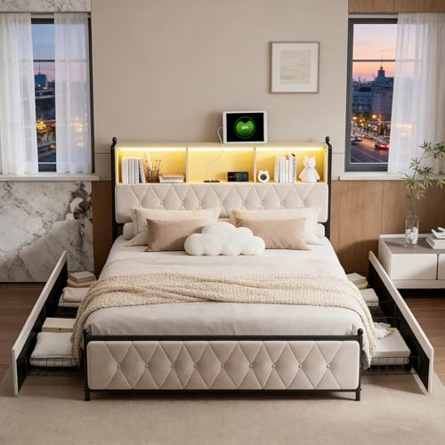 BRILVERDE Letto imbottito 140x200 con Contenitore, Letto matrimoniale con USB e LED, con 4 cassetti, Funzionale con testiera, Struttura letto con rete a doghe, in Velluto (Beige, 140 x 200 cm)