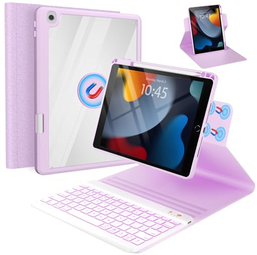 OYEEICE Keyboard Case for iPad 10.2 9th Gen/ 8th Gen/ 7th Gen | 7 Colors Backlit Detachable Keyboard for iPad Air 3rd Gen/Pro 10.5 with Stylus Holder (Purple, 360° rotatable style)