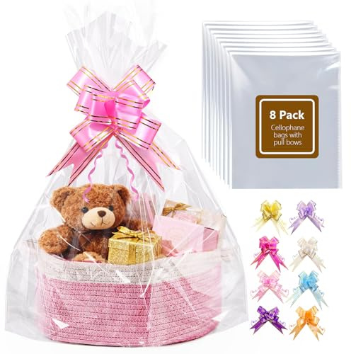 Boensi 8 Stück Große Cellophantüten mit Schleifen, Klare Geschenktüten für Geschenkkörbe, Halloween, Ostern, Weihnachten Obstkörbe und Geschenkverpackungen