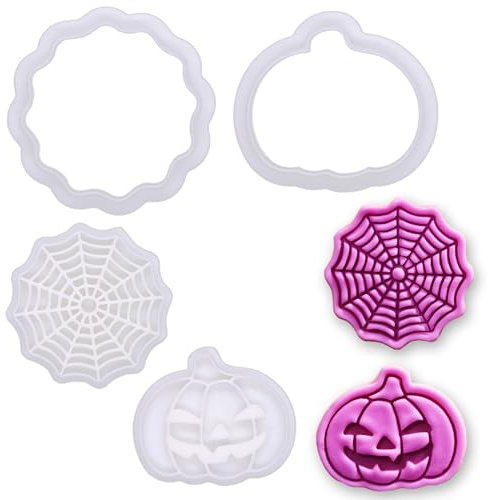 BAKERLOGY Trick-or-Treat Mini Cookie Cutter & Stamp Set (Jack-o’-Lantern Pumpkin & Spiderweb Designs) – Cute Halloween Fondant Embossing Stamp Cutters for Spooky Baking, Cupcake Toppers & Party Treats
