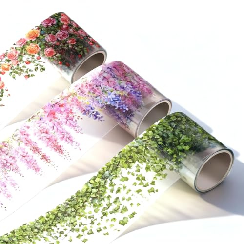 Xelsluthe Scrapbook Zubehör Blumen Stickers 3 Rollen Pet Plant Washi Tape, Washi Tape Aufkleber 50 Mm Breit, Selbstklebend, Grüne Blätter, Rosenranken Für Scrapbooking, Journaling Und Bastelarbeiten