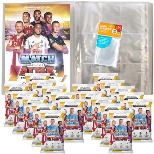Bundle mit Topps - Match Attax Champions League 2025/26 - Trading Cards - 1 Leere Sammelmappe + 20 Booster + Exklusive Collect-it Hüllen