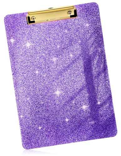 Glitzer-Acryl-Klemmbrett mit Stifthalter, niedliches transparentes Klemmbrett für Büro, Schulbedarf, kleine Klemmbretter mit flachem Profil-Clip, 32 x 22,5 cm (lila)