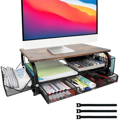 Monitorständer Holz Ergonomischer Monitorständer 30kg/66lbs, extra breite Netzablage + 3 Kabelbinder, Monitor Ständer für Homeoffice & Büro/Gaming, für Büroangestellte & Studenten, Vintage Braun