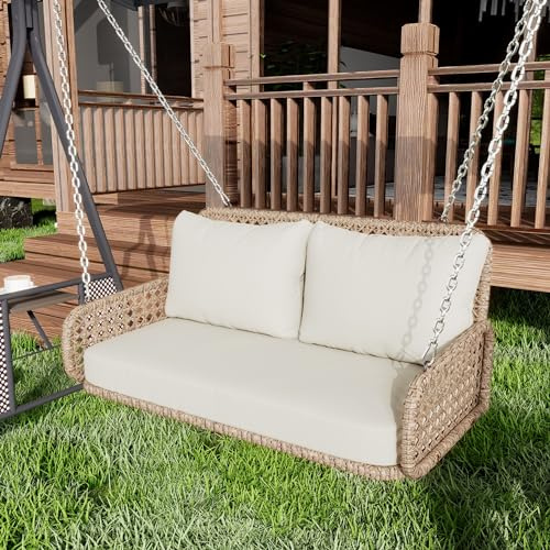 Schaukelbank 2-Sitzer, Hängebank PE-Rattan, Gartenschaukel zum Aufhängen, Hängeschaukel mit Kissen und 2 Ketten (240 cm/Stück), ohne Rahmen, Schaukel für Terrasse & Garten & Balkon,Beige