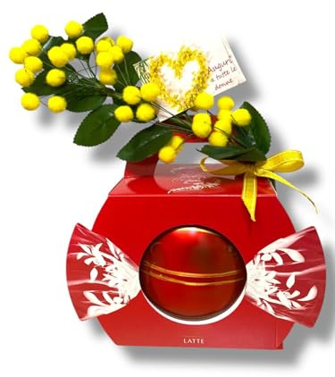 Confezione Regalo Festa della Donna con Scatola boule, 200g Praline al Cioccolato e Mazzo Mimose Artificiali 25cm
