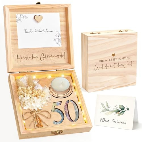 inyeskon Geldgeschenke Geburtstag 50, Kreatives Geld Geschenk aus Holz Verpackung Geschenkbox mit Trockenblumen, Holzliebe Magnet und Grußkarte für Geburtstag Frau Mann