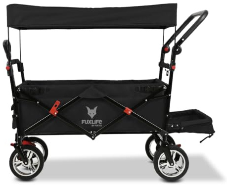 FUXLIFE Bollerwagen FX-CT800 Komfort faltbar - Schwarz • Kinder Transportwagen mit Sonnendach • gepolsterte Innenraumverlängerung • robuste Räder • kompakt klappbarer Handwagen