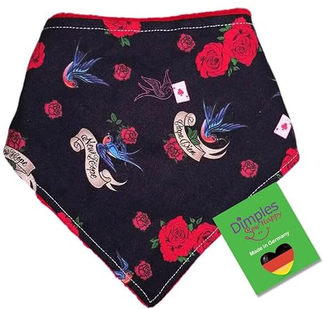 Dimples Hundehalstuch - Schwalben und Rosen schwarz rot - Halstuch, Bandana, Dreieckstuch für Welpen und Katzen - Tier Besitzer Geschenk, Rockabilly Rock and Roll Hunde Accessoire 25cm