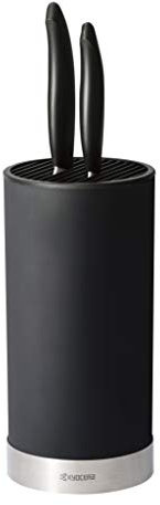 Kyocera Set coltelli in Ceramica Lama Universale 11 cm, Lama Santoku 14 cm e Ceppo Rotondo per 8 coltelli, Lama in Ceramica Zirconia, molata a Mano, KB-RD BK 2KN EU