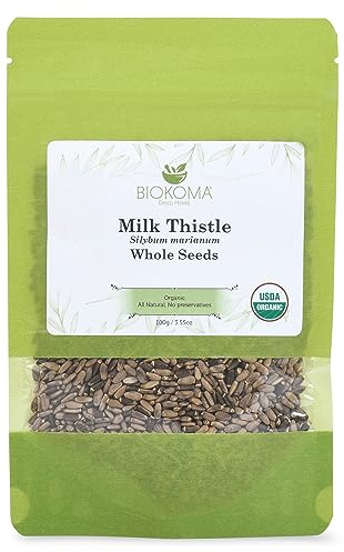 Biokoma Organic Milk Thistle Seeds 3.55 oz, Silybum Marianum for Milk Thistle Tea, USDA Organic Herbal Tea, Loose Whole Seeds in Resealable Moisture Proof Pouch, Non GMO, No Additives, Kosher
