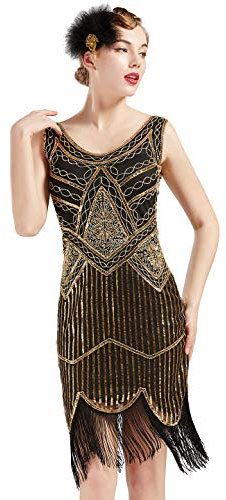 BABEYOND Damen Pailletten 1920s Flapper Charleston Kleid V Ausschnitt Great Gatsby Motto Party Fasching Kostüm (SchwarzGold M)