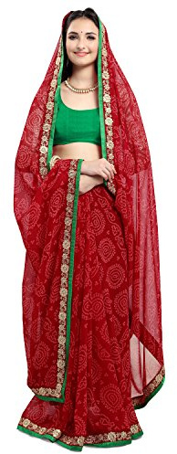 Jaanvi fashion Damen Chiffon Bandhani bedruckter Sari mit Spitze und Blusenteil mit ungenähter Bluse, rot, One size