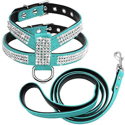 zhuangxiang Hundegeschirr Brustgeschirr Bling Strass Hundegeschirr Leder Welpe Katzengeschirr Weste Leine Set Für Kleine Mittelgroße Hund Chihuahua Mops Yorkshire Pet Supplies, Blau, M.