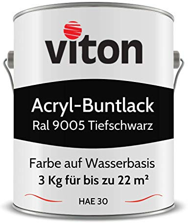 Viton Buntlack 3 Kg Schwarz - Seidenmatt - Wetterfest für Außen und Innen - 3in1 Grundierung & Lack - HAE 30 - Nachhaltige Farbe auf Wasserbasis für Holz, Metall & Stein - RAL 9005 Tiefschwarz