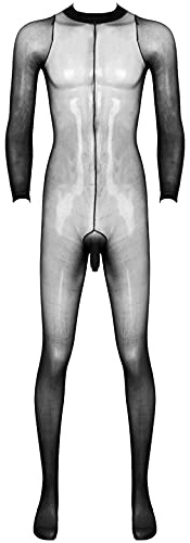 CHICTRY Lingerie Uomo Hot Bodystocking Trasparente da Uomo Camicia da Notte in Pizzo Babydoll Manica Lunga Sissy Lingerie Erotico Cosplay Costume Halloween Nero Taglia unica