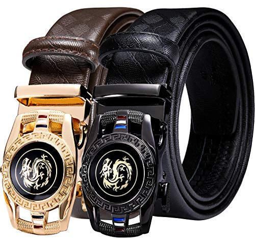 Barry.Wang Ceinture à cliquet en cuir véritable avec boucle automatique - Coffret cadeau tendance pour homme, Dragon-marron-noir, Small