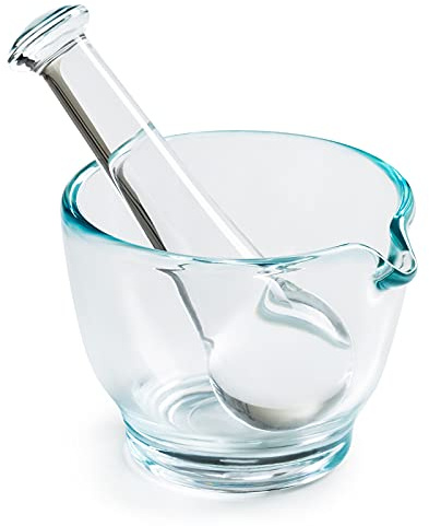Ultrassist Mortero de vidrio y mortero tazón, amoladora de medicamentos y mezclador para laboratorio de farmacia o ciencia (4 oz) | Cuenco de vidrio no poroso, boquilla de vertido, base pesada y agarre cómodo para polvos, semillas o hierbas