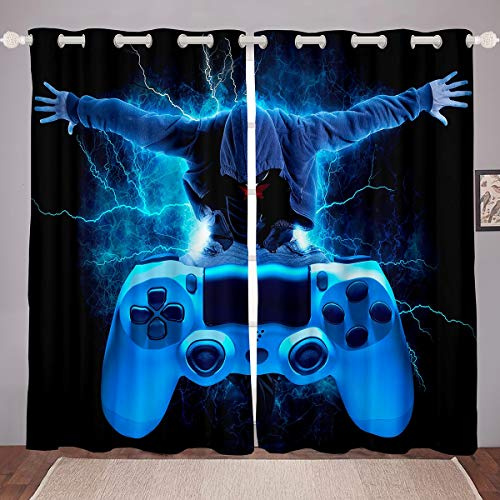 Tbrand Jungen Modern Gamer Blickdichte Vorhänge Blau Gamepad Fenstervorhang 245x140cm für Kinder Mädchen Spiel Controller Vorhänge Games Console Lightning Raumdekoration