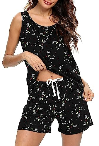 ENJOYNIGHT Set pigiama da donna in cotone stampato, canottiera e pantaloncini, abbigliamento da notte morbido, abbigliamento casual estivo, set pigiama, Gatto nero , 3XL