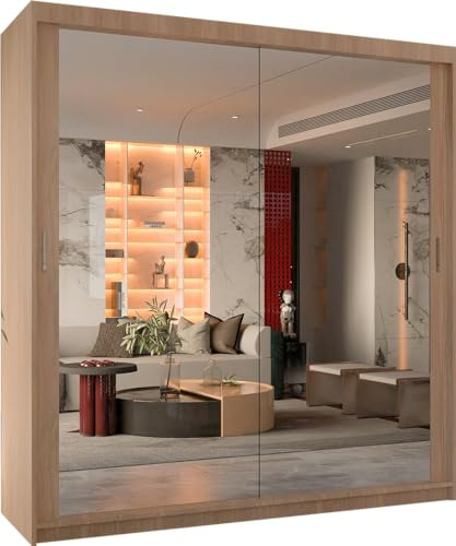 MN Furniture Double Sliding Doors Wardrobe Bedroom Furniture Cupboard Clothes Storage Organiser Hanging Rail Shelves (203 CM, OAK)